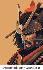 japanese samurai warrior close up flat color vector illustration for wall art print