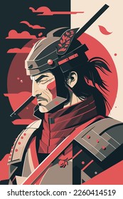 japanese samurai warrior close up flat color vector illustration for wall art print