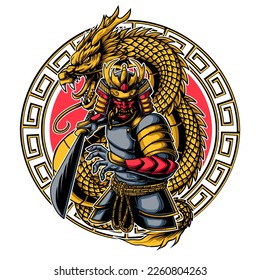 Japanese samurai warrior with dragon. circle ornament background. vector illustration	
