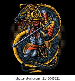 	
Japanese samurai warrior with dragon vector illustration	
