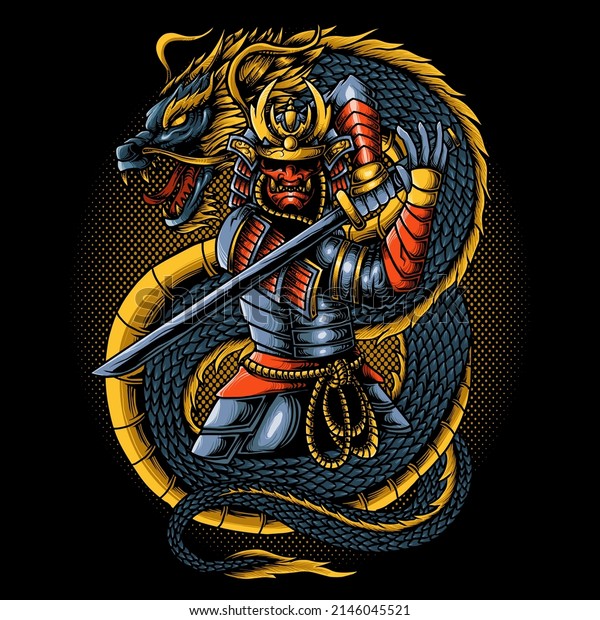 	\
Japanese samurai warrior with dragon\
vector\
illustration	\
