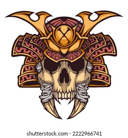Japanese samurai warrior hat and skull with fangs