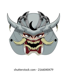 Japanese Samurai Warrior Helmet With Oni Mask white background  Illustration.Mask Designs for T-shirts, Tattoos, Stickers, Gaming Logos or Posters