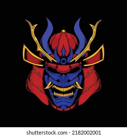 Samurai Warrior Helmet mit Oni Maske und Long Horn Illustration.Maskendesigns für T-Shirts, Tattoos, Aufkleber, Gaming-Logos oder Poster