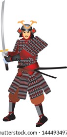 Japanese Samurai Warrior Holding Katana Sword  - Vector