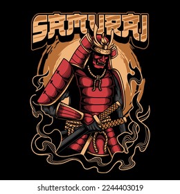 Japanese samurai warrior was holding a sword with a combination of red and gold vector illustration