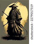 Japanese samurai warrior. Mighty ninja with swords. Cool poster of asian fighter with katana. Traditional hand drawn painting of fantasy martial ronin. Vector art tattoo. Cartoon style demon fighter.