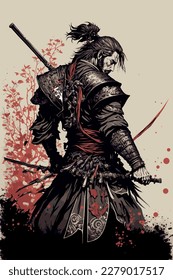 Japanese samurai warrior. Mighty ninja with swords. Cool poster of asian fighter with katana. Traditional hand drawn painting of fantasy martial ronin. Vector art tattoo. Cartoon style demon fighter.