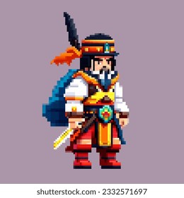 Japanese samurai warrior pixel art character for 8 bit game scenery arcade video game background