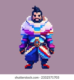 Japanese samurai warrior pixel art character for 8 bit game scenery arcade video game background