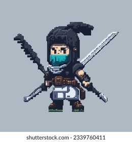 Japanese samurai warrior pixel art character for 8 bit game scenery arcade video game background