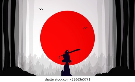 Japanese samurai warrior with a sword. female urban samurai wallpaper. silhouette of a person in the night. woman silhouette. Japan theme background. 