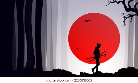 Japanese samurai warrior with a sword. Silhouette of a samurai in the night background. Oni mask. Samurai with red moon walpaper. japanese theme walpaper. red moon.