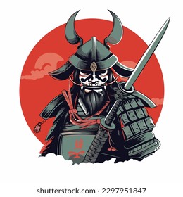 Japanese samurai warrior wearing armor and traditional oni mask devil and holding katana sword vector illustration