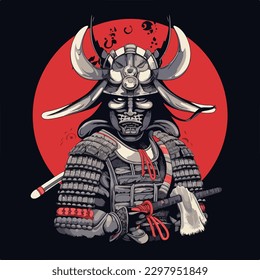 Japanese samurai warrior wearing armor and traditional oni mask devil and holding katana sword vector illustration