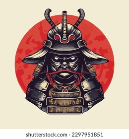 Japanese samurai warrior wearing armor and traditional oni mask devil and holding katana sword vector illustration