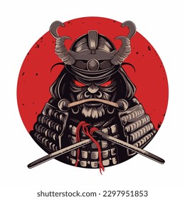 Japanese samurai warrior wearing armor and traditional oni mask devil and holding katana sword vector illustration