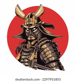 Japanese samurai warrior wearing armor and traditional oni mask devil and holding katana sword vector illustration