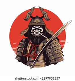 Japanese samurai warrior wearing armor and traditional oni mask devil and holding katana sword vector illustration