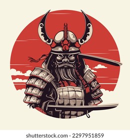 Japanese samurai warrior wearing armor and traditional oni mask devil and holding katana sword vector illustration