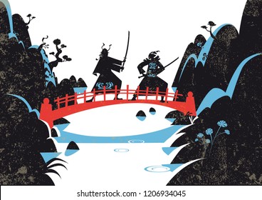 Japanese Samurai Warriors with katana sword fight. Vector illustration.