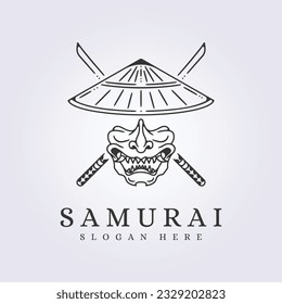 japanese samurai wear mask and cone hat for logo symbol line art icon vector illustration design