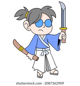 Japanese samurai wearing kimonos carrying sharp swords, vector illustration art. doodle icon image kawaii.
