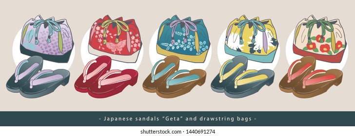 Japanese sandals “Geta” and drawstring bags.