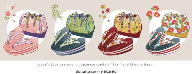 Japanese sandals "zori" and kimono bag.Four seasons design.