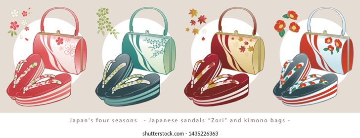 Japanese sandals "zori" and kimono bag.Four seasons design.