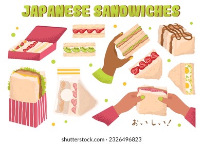 Japanese sandwich set. Vegetable and fruit snack from convenience store. Strawberry and whipped cream, tuna and mayo, ham and cheese filling. Flat vector illustration