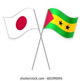 Japanese and Sao Tomean crossed flags. Japan combined with Sao Tome and Principe isolated on white. Language learning, international business or travel concept.
