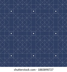 Japanese sashiko. Decorative seamless wallpaper in a combination of retro and modern style in dark blue. Vector illustration