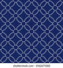 Japanese sashiko embroidery seamless vector pattern. Needlework fabric design. Background with simple stitch line asian ornament. Traditional tie dye Japan kimono motif. Round seven treasures.