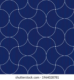 Japanese sashiko embroidery seamless vector pattern. Needlework fabric design. Background with simple stitch line asian ornament. Traditional tie dye Japan kimono motif. Crossing semicircle.