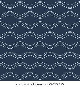 Japanese sashiko geometric seamless pattern with waves - hand drawn vector illustration.