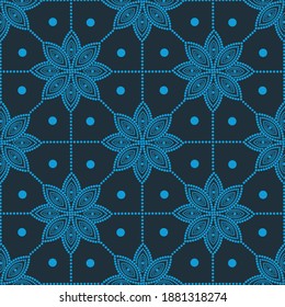 Japanese sashiko motif. Three Plum Blossoms. Traditional Japanese Embroidery Ornament. Seamless pattern. Colorful Sasiko motif - Mitsu Ume. Abstract backdrop. Needlework texture.