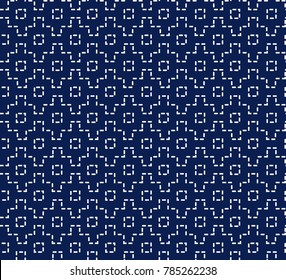 Japanese Sashiko Ornament. Asian Embroidery Motifs. Abstract Seamless Patterns. White Stitches On The Indigo Blue Background. For Handicraft Or Decoration.