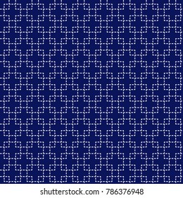 Japanese sashiko ornament. Asian embroidery motifs. Abstract seamless patterns. White stitches on the indigo blue background. For handicraft or decoration.