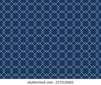 Patrón Sashiko japonés sin fisuras. Fondo índigo. delgada línea blanca sobre fondo azul. Vector