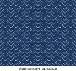 Patrón Sashiko japonés sin fisuras. Fondo índigo. delgada línea blanca sobre fondo azul. Vector