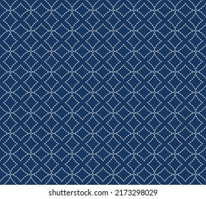 Japanese Sashiko seamless pattern. Indigo background. white thin line on blue wallpaper. Vector