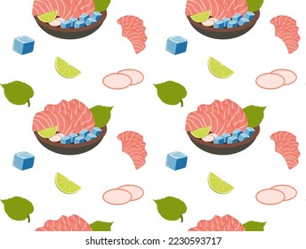 Japanese sashimi dish. Seamless pattern in vector. Ingredients. Asian food.