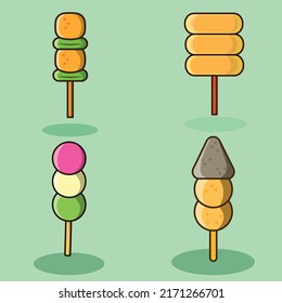 japanese satay icon pack vector set is a vector cartoon, cute doodle with a food theme. Suitable for children's T-shirt designs, merchandise, stickers, mascot logos, etc.
