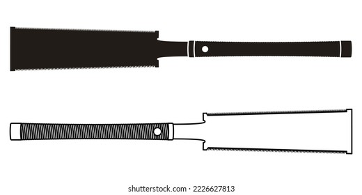 El japonés vio silueta y contorno. Ilustración aislada del vector Hacksaw. Herramienta Carpintero de sierra de mano, Equipo de corte de madera