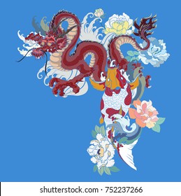 Japanese scarf design.The Old Dragon and koi carp fish with water splash and peony flower,cherry blossom,peach blossom on cloud background.