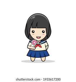 Japanese school girl hold lollipop kawaii illustration 