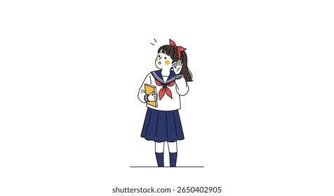 Japanese school girl holding books and pondering life's mysteries with a sparkle in her eye