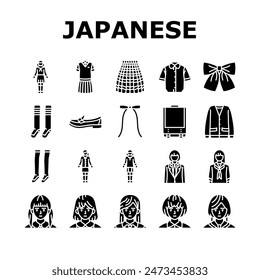 japanese school girl korea child icons set vector. uniform asian, japan, korean people, student homework, classroom, smile pre japanese school girl korea child glyph pictogram Illustrations