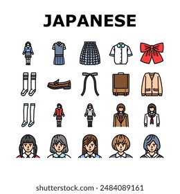 japanese school girl korea child icons set vector. uniform asian, japan, korean people, student homework, classroom, smile pre japanese school girl korea child color line illustrations